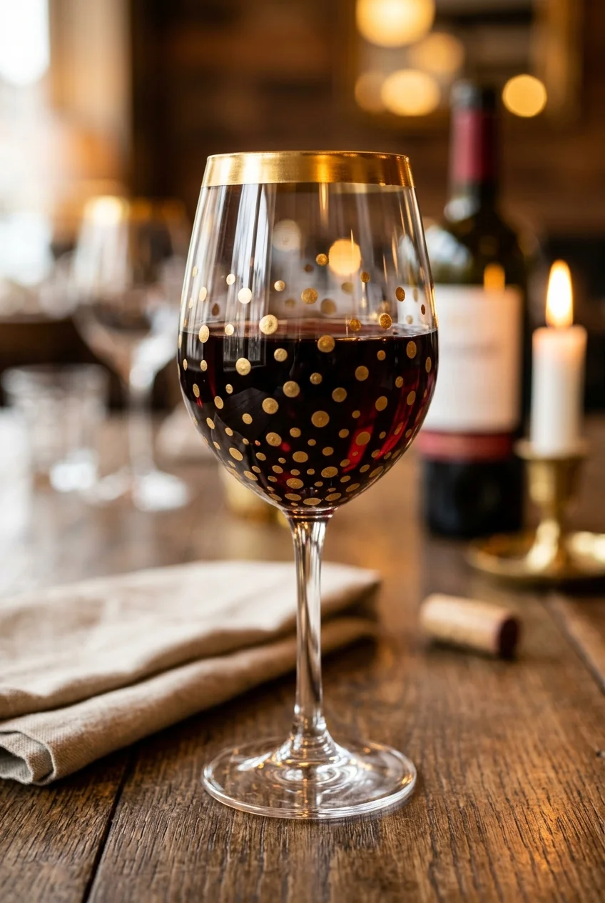 20 Aesthetic Wine Glass Painting Ideas & Oven-Curing Cheat Sheet 7 Geometric Gold-Rimmed Polka Dots - wine glass painting (AI Generated Image)
