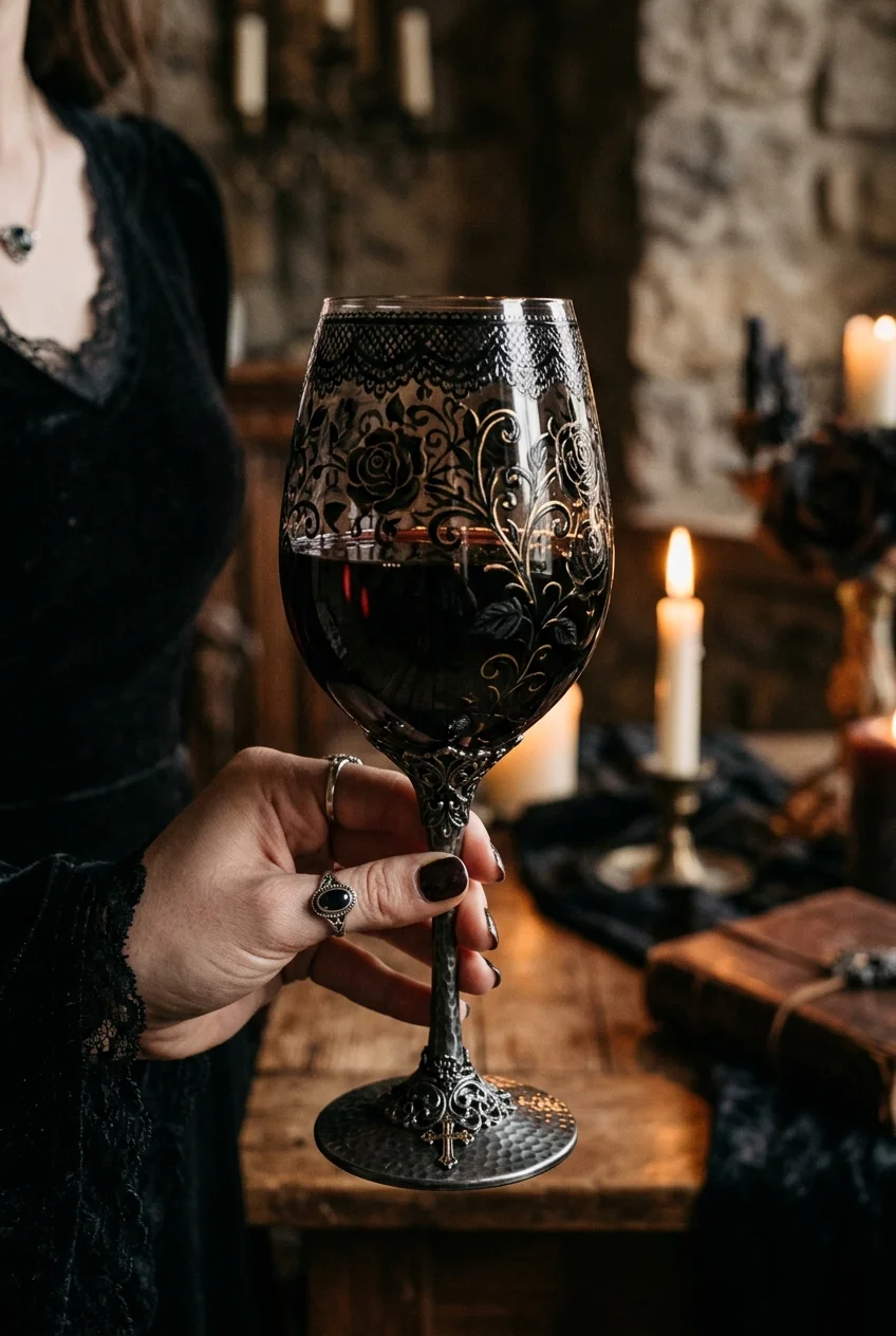 20 Aesthetic Wine Glass Painting Ideas & Oven-Curing Cheat Sheet 14 Moody Gothic Black Lace & Floral Filigree - wine glass painting (AI Generated Image)