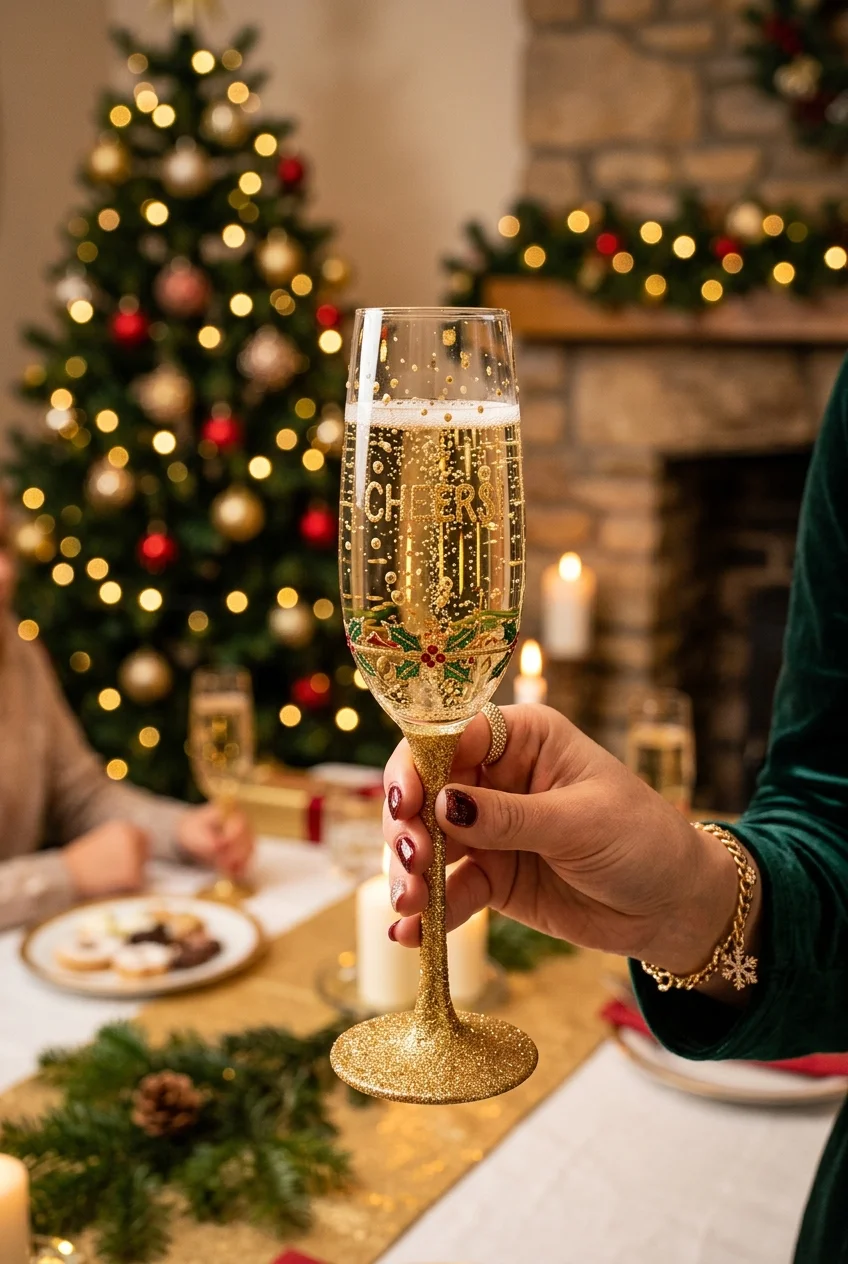 20 Aesthetic Wine Glass Painting Ideas & Oven-Curing Cheat Sheet 22 Festive Holiday Champagne Sparkle & Glitter Base - wine glass painting (AI Generated Image)