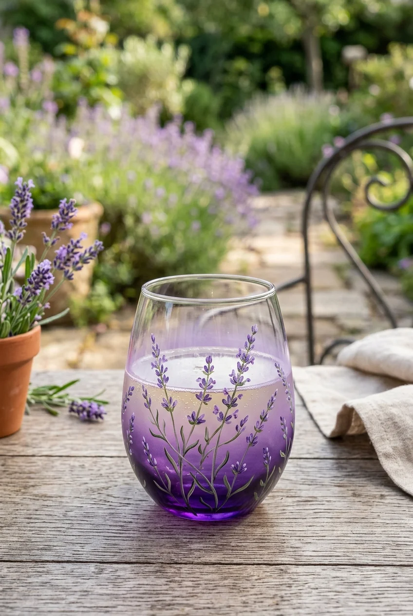 20 Aesthetic Wine Glass Painting Ideas & Oven-Curing Cheat Sheet 5 Delicate Lavender Ombré & Floral Sprigs - wine glass painting (AI Generated Image)