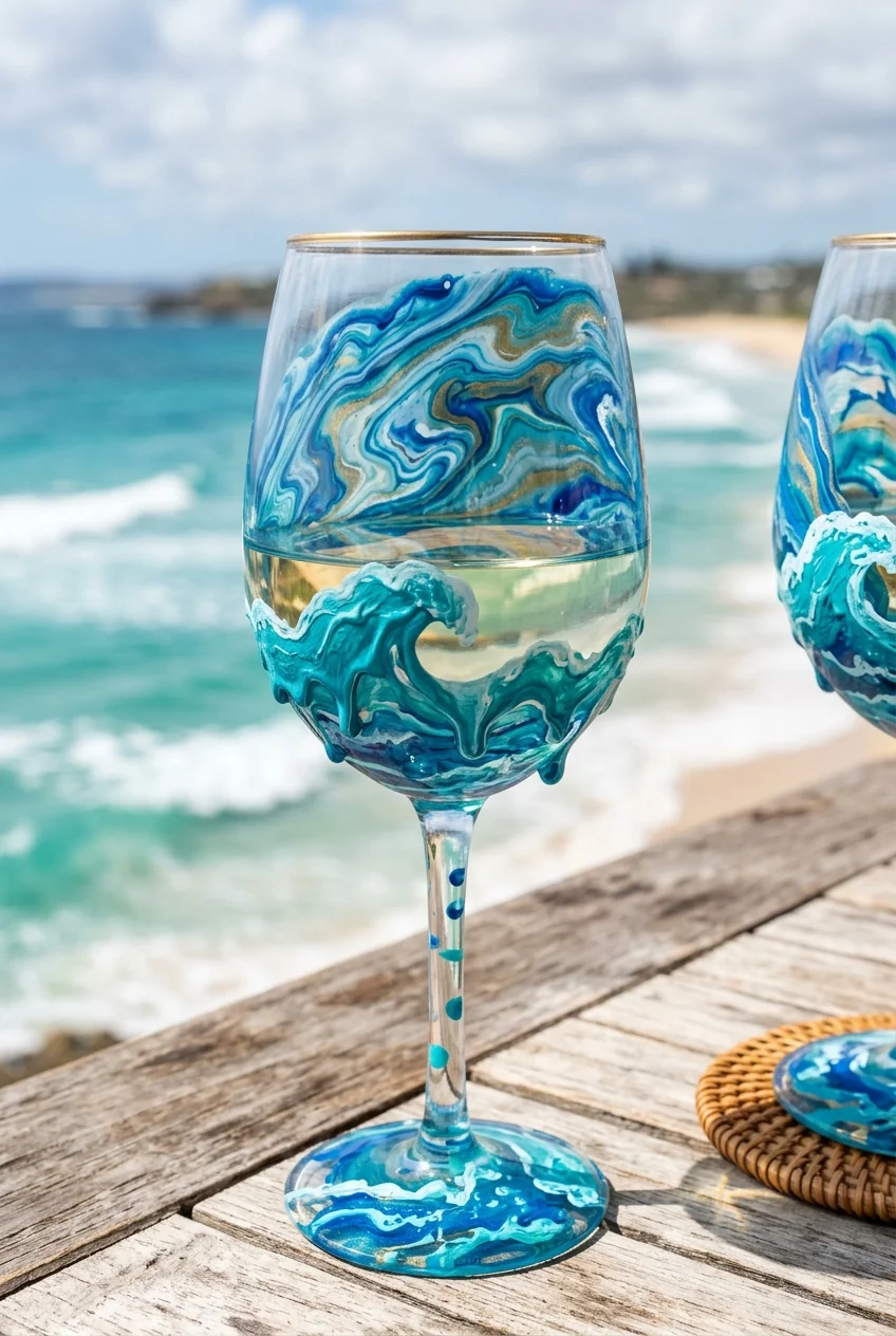 20 Aesthetic Wine Glass Painting Ideas & Oven-Curing Cheat Sheet 12 Ethereal Ocean Wave & Marble Fluid Art - wine glass painting (AI Generated Image)