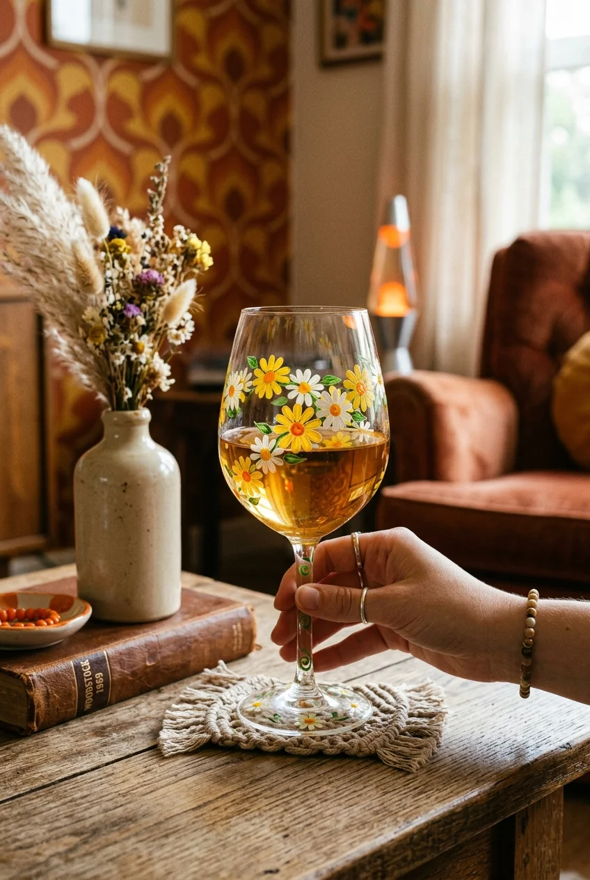 20 Aesthetic Wine Glass Painting Ideas & Oven-Curing Cheat Sheet 20 Retro 70s Groovy Daisy & Daisy Chain Motifs - wine glass painting (AI Generated Image)