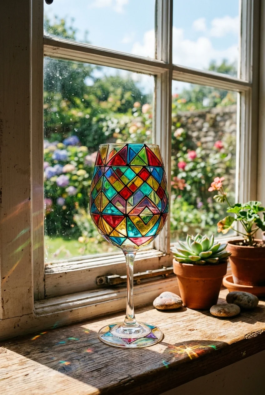 20 Aesthetic Wine Glass Painting Ideas & Oven-Curing Cheat Sheet 9 Whimsical Stained Glass Geometric Patterns - wine glass painting (AI Generated Image)