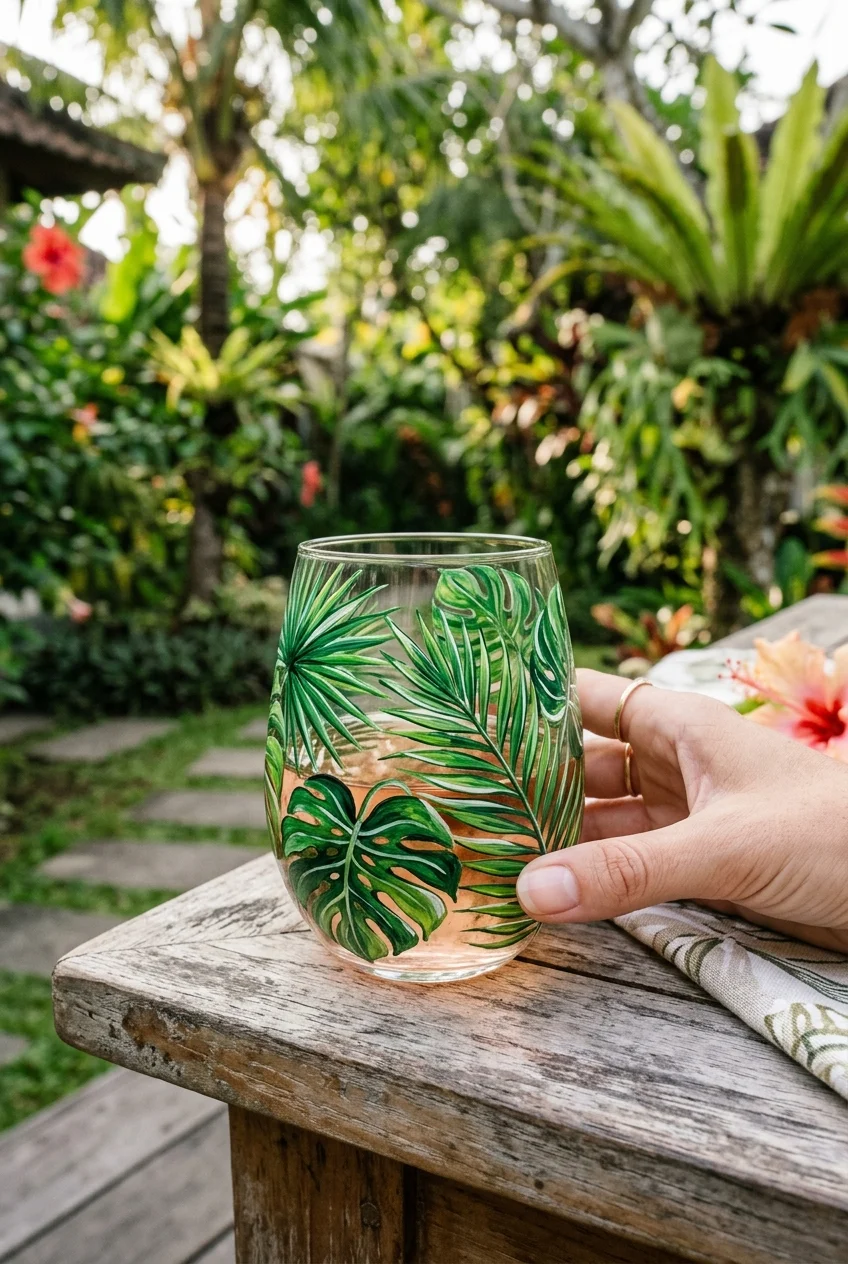20 Aesthetic Wine Glass Painting Ideas & Oven-Curing Cheat Sheet 17 Tropical Palm Leaves & Monstera Foliage - wine glass painting (AI Generated Image)