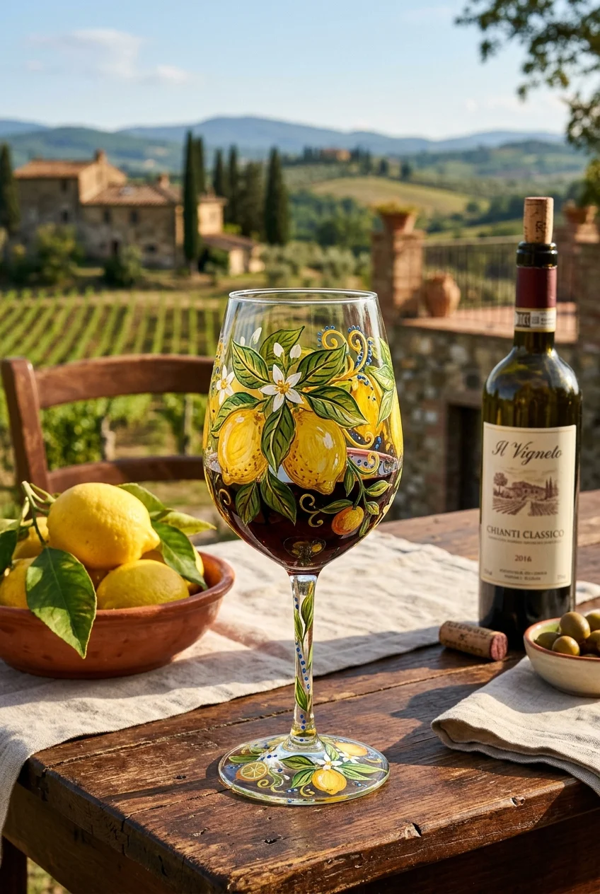 20 Aesthetic Wine Glass Painting Ideas & Oven-Curing Cheat Sheet 4 Tuscan Lemon & Citrus Orchard Motifs - wine glass painting (AI Generated Image)