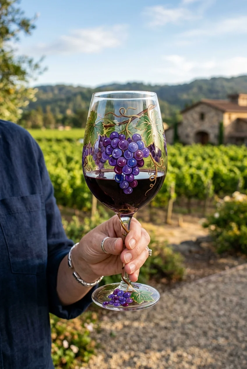 20 Aesthetic Wine Glass Painting Ideas & Oven-Curing Cheat Sheet 19 Elegant Vineyard Grape Cluster & Wine Leaf Art - wine glass painting (AI Generated Image)