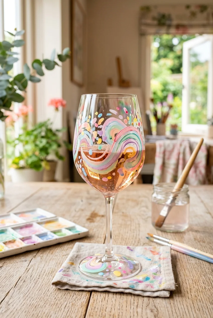 20 Aesthetic Wine Glass Painting Ideas & Oven-Curing Cheat Sheet 18 Whimsical Watercolor Splatter & Pastel Swirls - wine glass painting (AI Generated Image)
