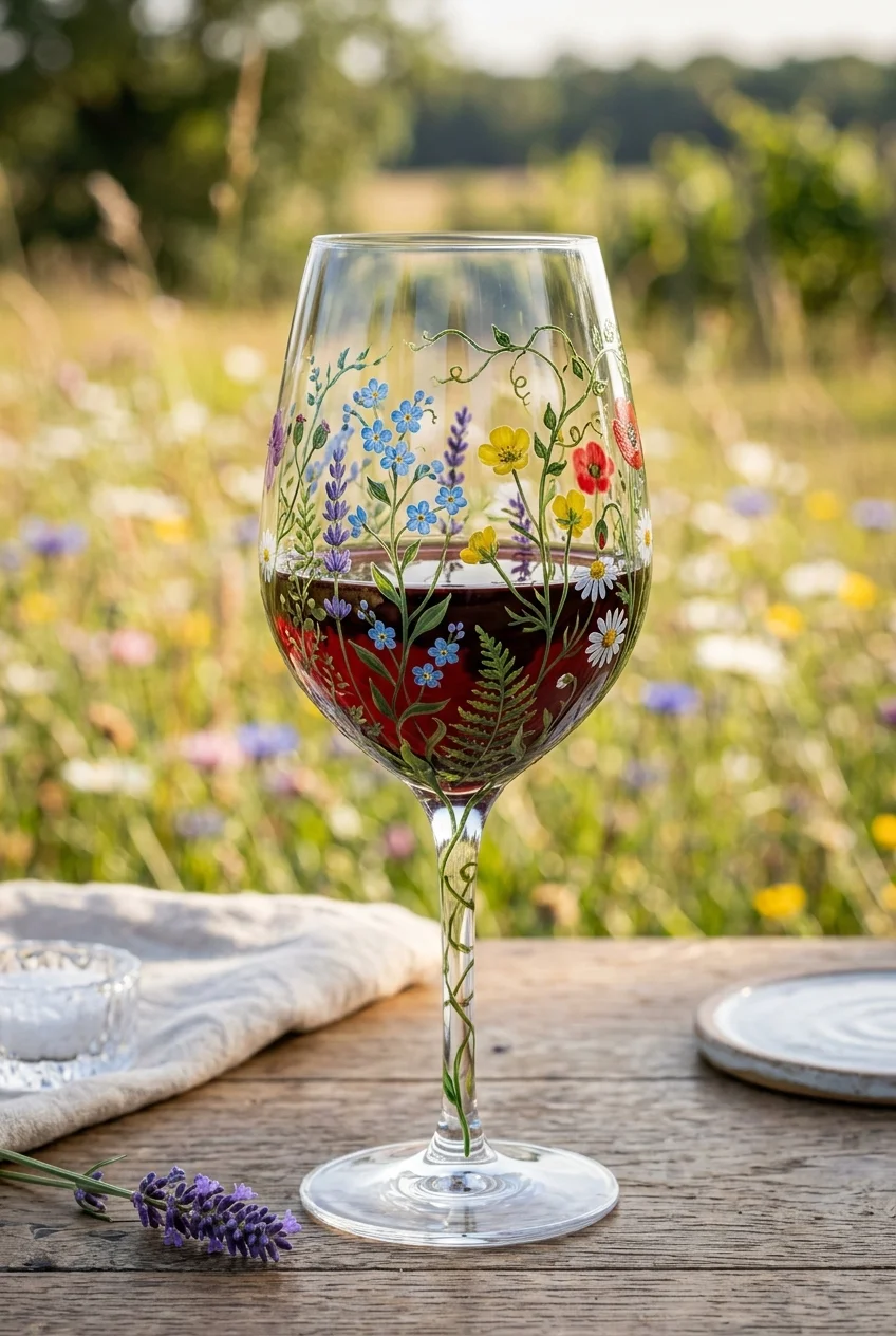 20 Aesthetic Wine Glass Painting Ideas & Oven-Curing Cheat Sheet 3 Wildflower Botanical Vines & Meadow Petals - wine glass painting (AI Generated Image)