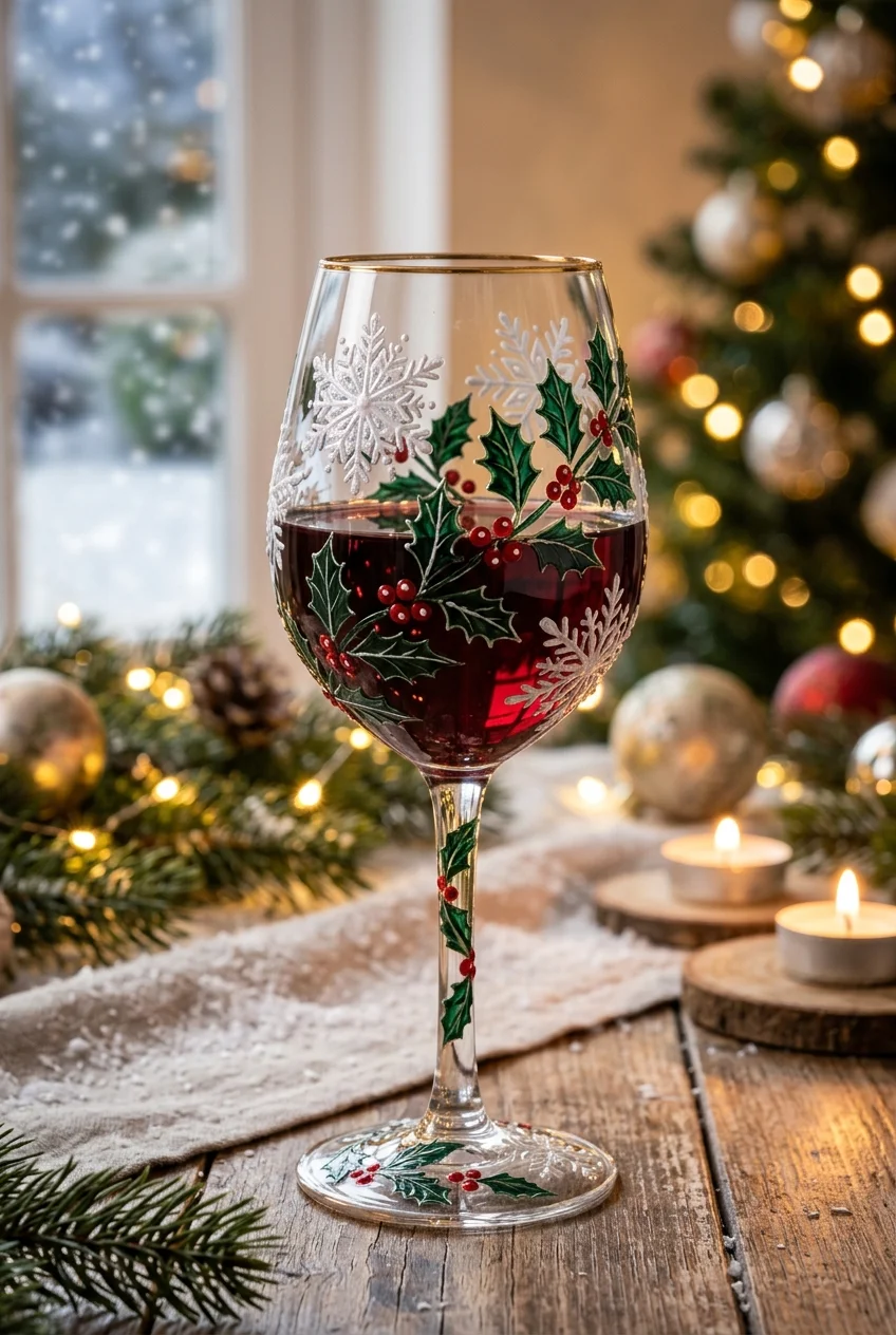 20 Aesthetic Wine Glass Painting Ideas & Oven-Curing Cheat Sheet 8 Frosted Winter Snowflake & Holly Branches - wine glass painting (AI Generated Image)