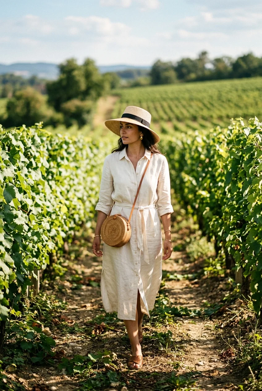 wine tasting outfit featuring reformative linen shirt dress and all-terrain sneakers (AI Generated Image)