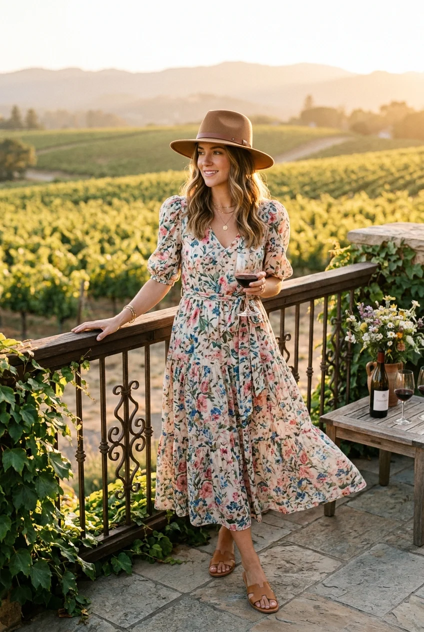 wine tasting outfit with sun-drenched midi dress and wide-brim felt fedora (AI Generated Image)