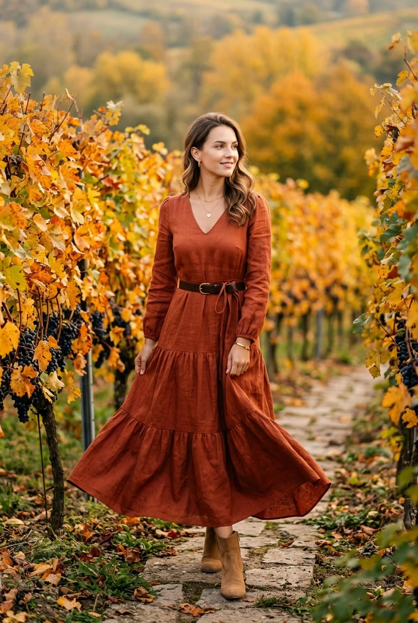 wine tasting outfit with terracotta tiered maxi dress for fall harvest (AI Generated Image)