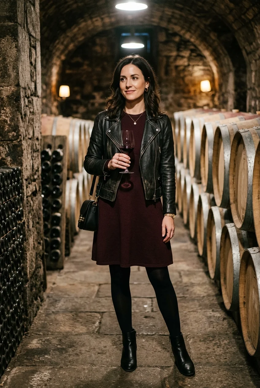 wine tasting outfit in dark palette for red wine spill safety (AI Generated Image)