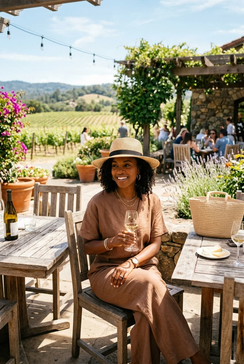 winery outfit black women featuring high-waisted linen co-ord set (AI Generated Image)
