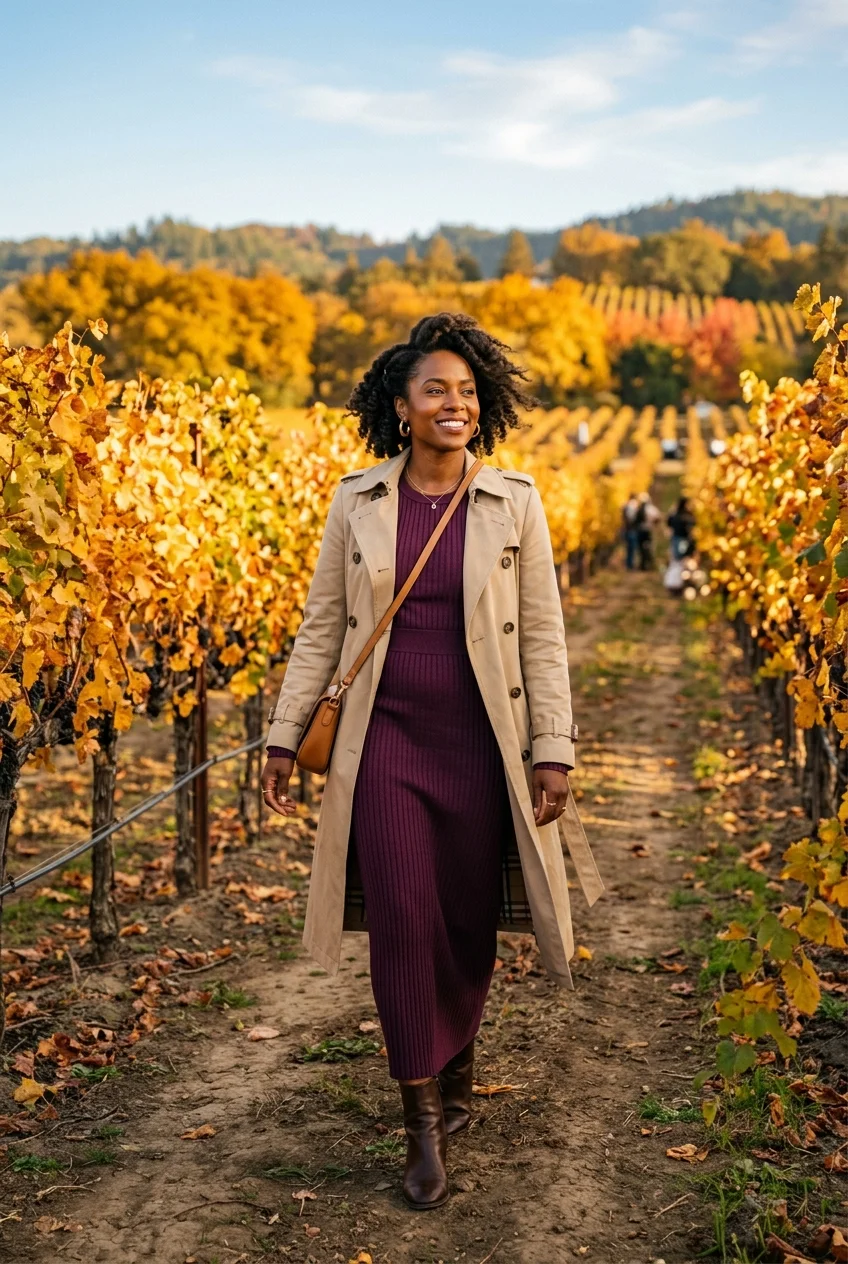 winery outfit black women featuring rich plum ribbed knit maxi and trench layer (AI Generated Image)