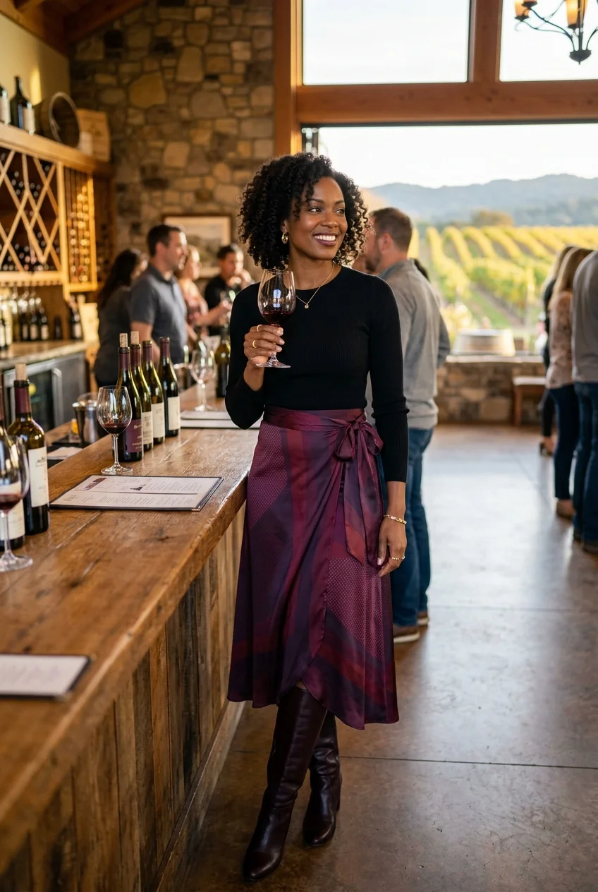 winery outfit black women featuring elegant wrap midi skirt ensemble (AI Generated Image)