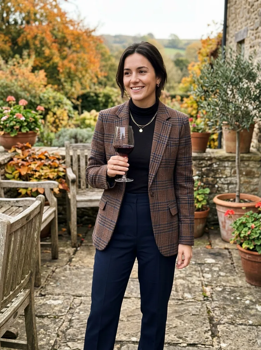 winery outfit winter - Tailored Double-Breasted Wool Trench Coat with Dark Monochromatic Layers (AI Generated Image)