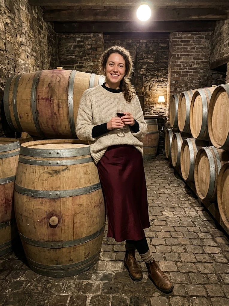 winery outfit winter - Merino Wool Thermal Base Layers Beneath a Silk Midi Skirt (AI Generated Image)