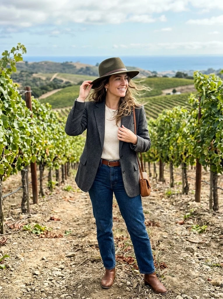 winery outfit winter - Wide-Brim Felt Fedora & Structured Wool Blazer Combo (AI Generated Image)
