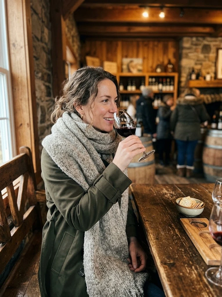 winery outfit winter - Plush Alpaca Wool Blanket Scarf & Tailored Trench Silhouette (AI Generated Image)