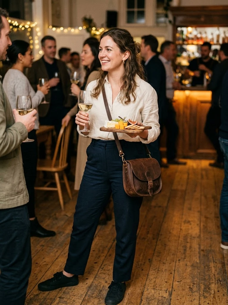 winery outfit winter - Hands-Free Leather Saddle Crossbody Bag with Tailored Trousers (AI Generated Image)